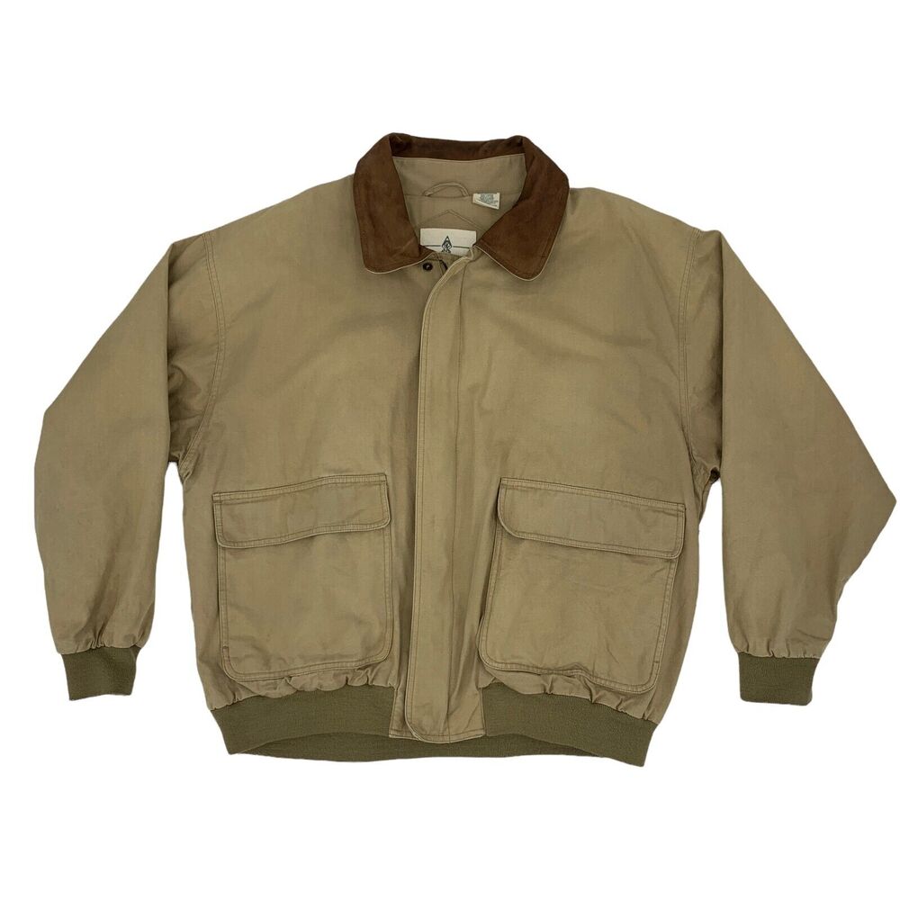Vintage Austin Reed Jacket Men XL Beige Cotton Full Zip Leather Trim Inner Lined